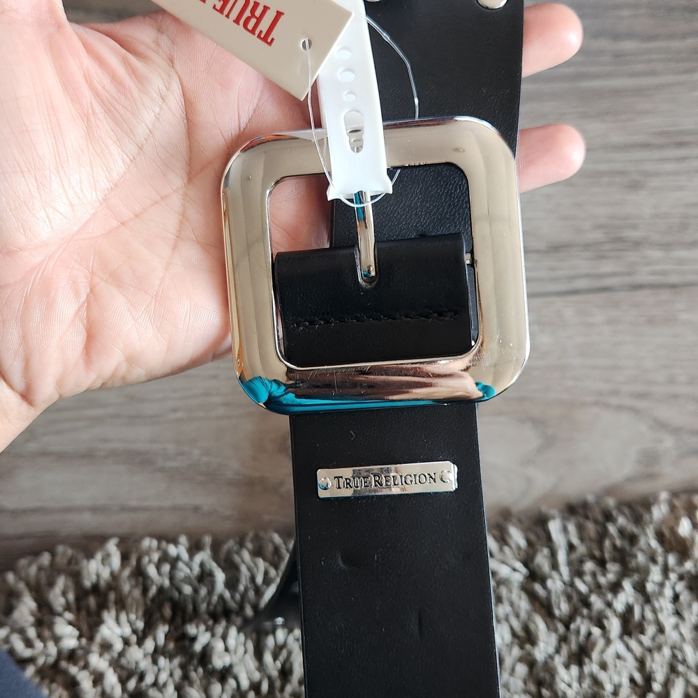 True Religion Black Leather Belt with Silver Grommets M/L - Picture 2 of 3
